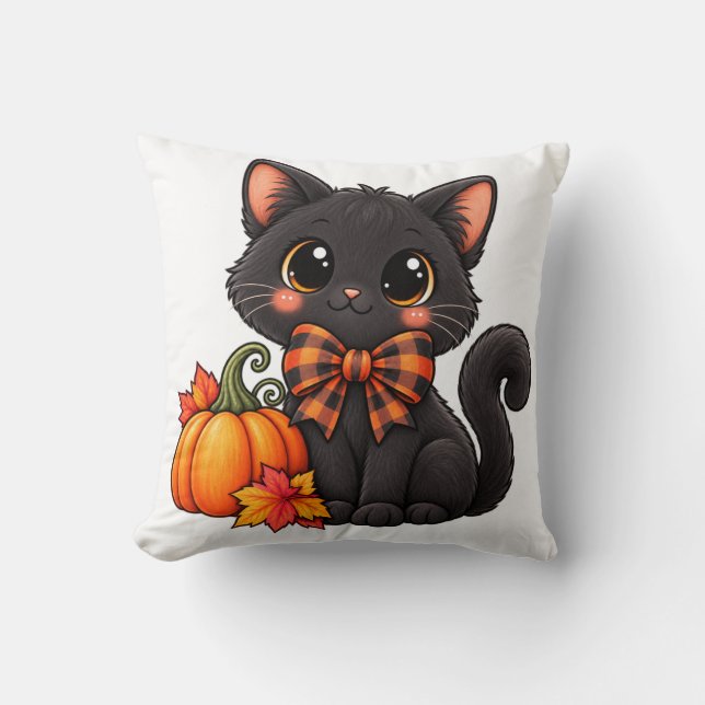 Cute Black Cat Halloween Throw Pillow Decor (Front)