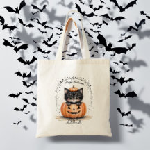 Cute Black Cat Halloween Tote Bag | Pumpkin Jack O