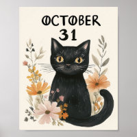 Cute Black Cat Halloween Watercolor Floral