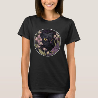 Cute Black Cat Hiding in Spring Flowers Aesthetic  T-Shirt
