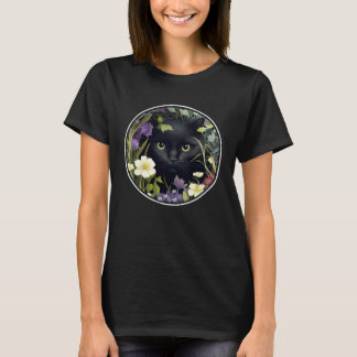 Cute Black Cat Hiding in Spring Flowers Aesthetic  T-Shirt