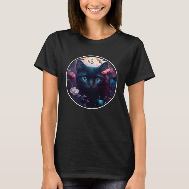 Cute Black Cat Hiding in Spring Flowers Aesthetic  T-Shirt (Front)