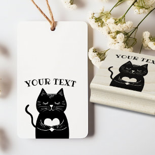 Cute Black Cat Holding Heart Custom Text Rubber Stamp