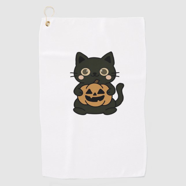 Cute Black Cat Holding Jack O Lantern Pumpkin – Ka Golf Towel (Front)