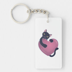 Cute Black Cat Holding onto Big Heart Keychain