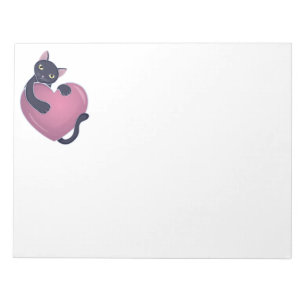 Cute Black Cat Holding onto Big Heart Notepad