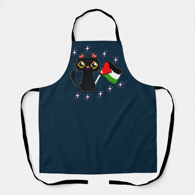 cute black cat holds Palestine flag Apron (Front)