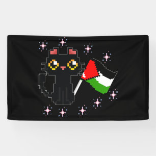 cute black cat holds Palestine flag Banner