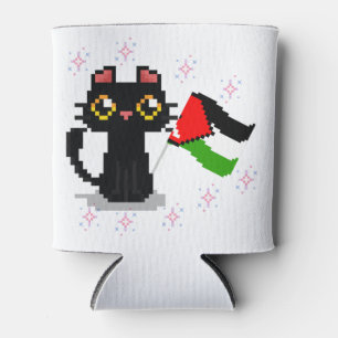 cute black cat holds Palestine flag Can Cooler