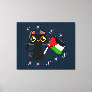 cute black cat holds Palestine flag Canvas Print