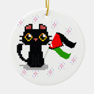 cute black cat holds Palestine flag Ceramic Ornament