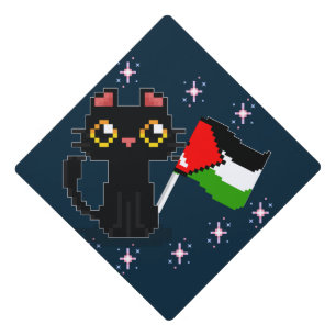 cute black cat holds Palestine flag Graduation Cap Topper