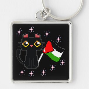 cute black cat holds Palestine flag Keychain