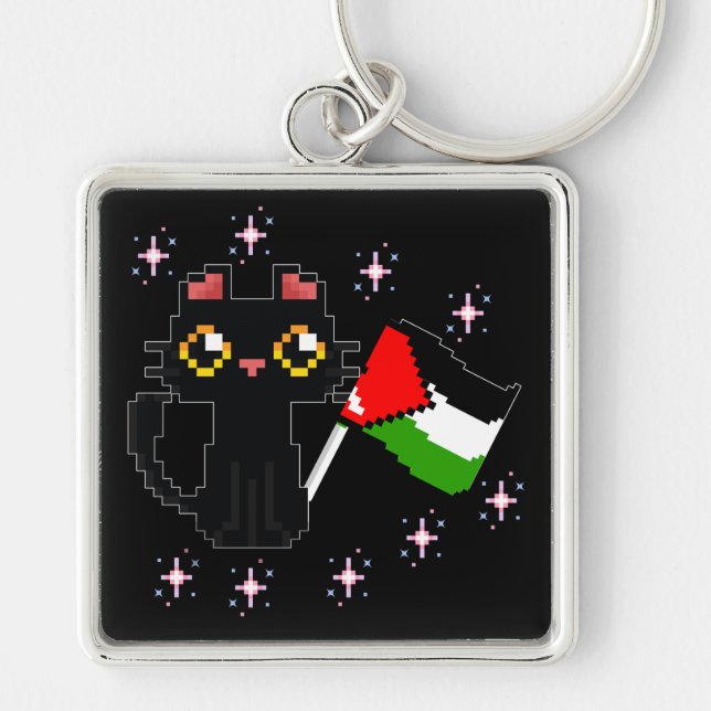 cute black cat holds Palestine flag Keychain (Front)