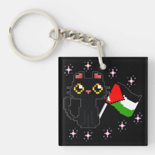cute black cat holds Palestine flag Keychain