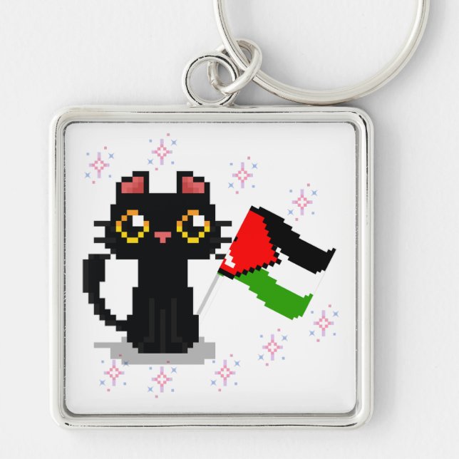 cute black cat holds Palestine flag Keychain (Front)
