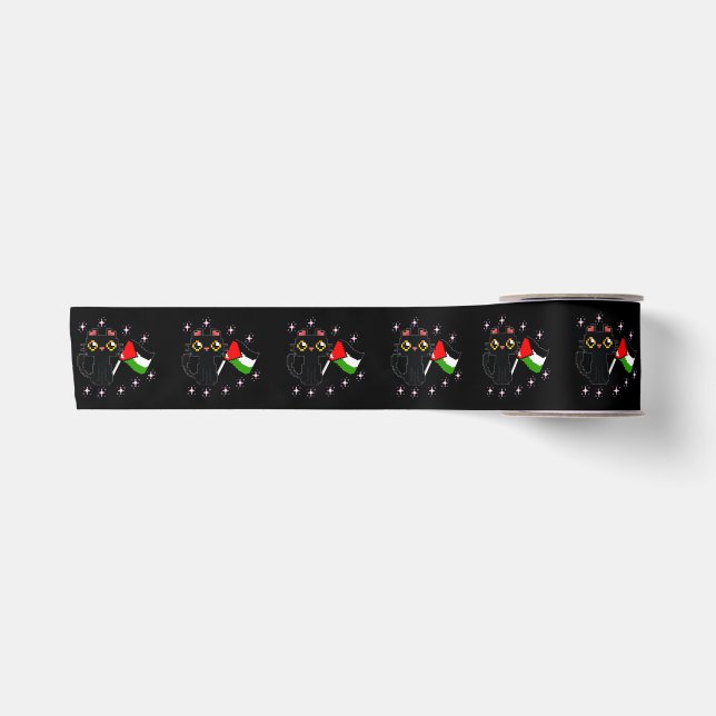 cute black cat holds Palestine flag Satin Ribbon (Front)