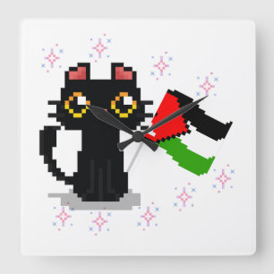 cute black cat holds Palestine flag Square Wall Clock