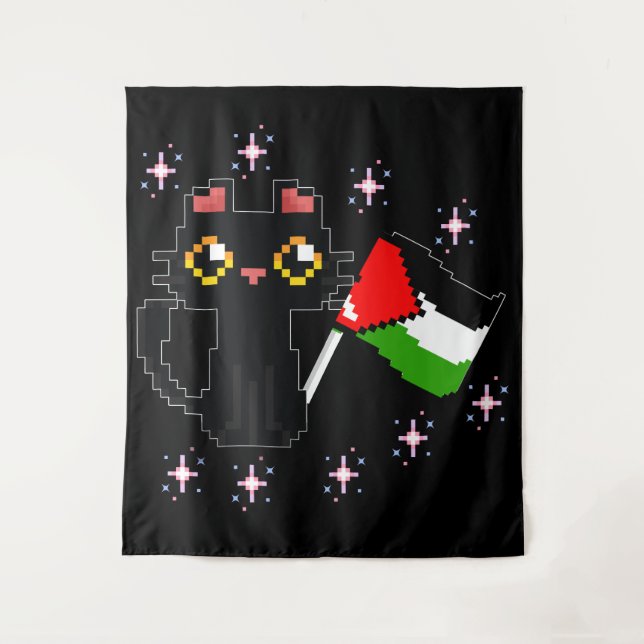 cute black cat holds Palestine flag Tapestry (Front)
