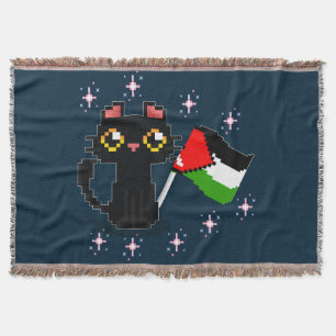 cute black cat holds Palestine flag Throw Blanket