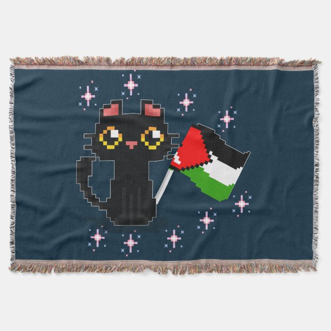 cute black cat holds Palestine flag Throw Blanket (Front)