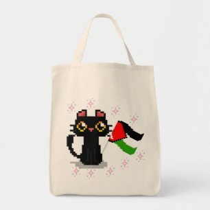 cute black cat holds Palestine flag Tote Bag