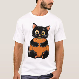 Cute Black Cat Hugging Pumpkin Halloween Fall T-Shirt