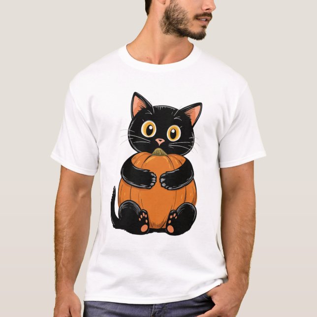 Cute Black Cat Hugging Pumpkin Halloween Fall T-Shirt (Front)