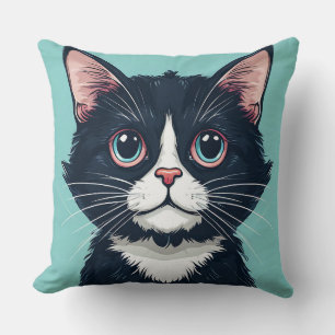 Cute Black Cat Illustration Throw Pillow