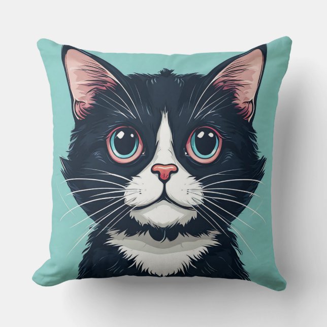 Cute Black Cat Illustration Throw Pillow (Front)