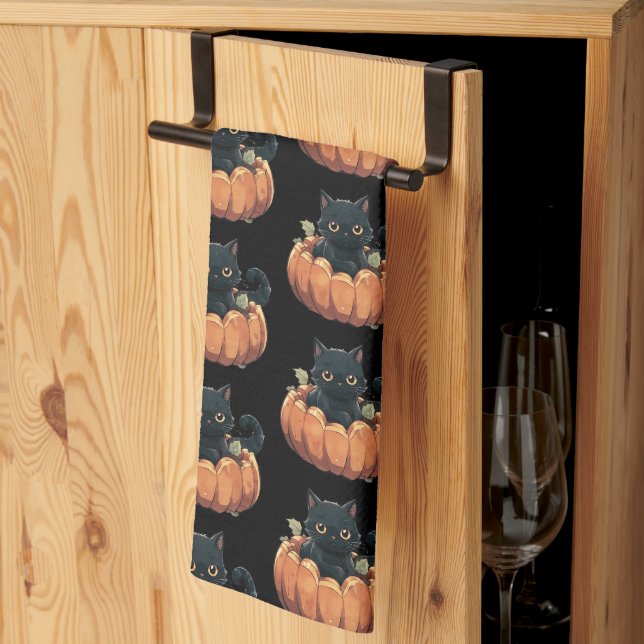 Cute Black Cat in a Pumpkin Pattern Halloween Kitchen Towel (Thirds Fold)