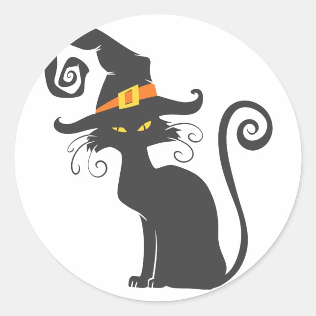 Cute black cat in a witch hat - Choose background Classic Round Sticker (Front)