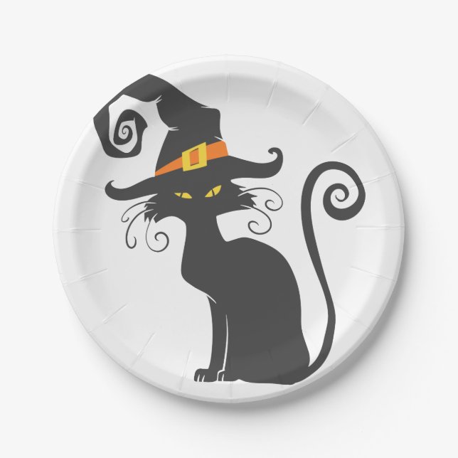 Cute black cat in a witch hat - Choose background Paper Plate (Front)