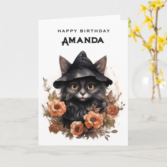 Cute Black Cat in a Witch's Hat Birthday Card (Yellow Flower)