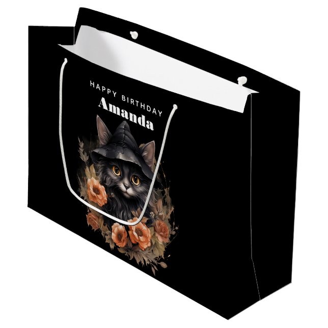 Cute Black Cat in a Witch's Hat Birthday Large Gift Bag (Front Angled)