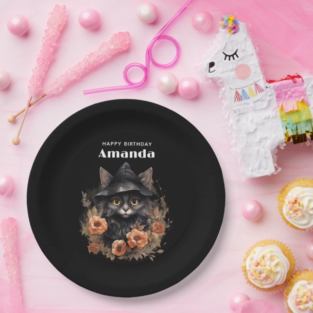 Cute Black Cat in a Witch's Hat Birthday Paper Plate (Party)