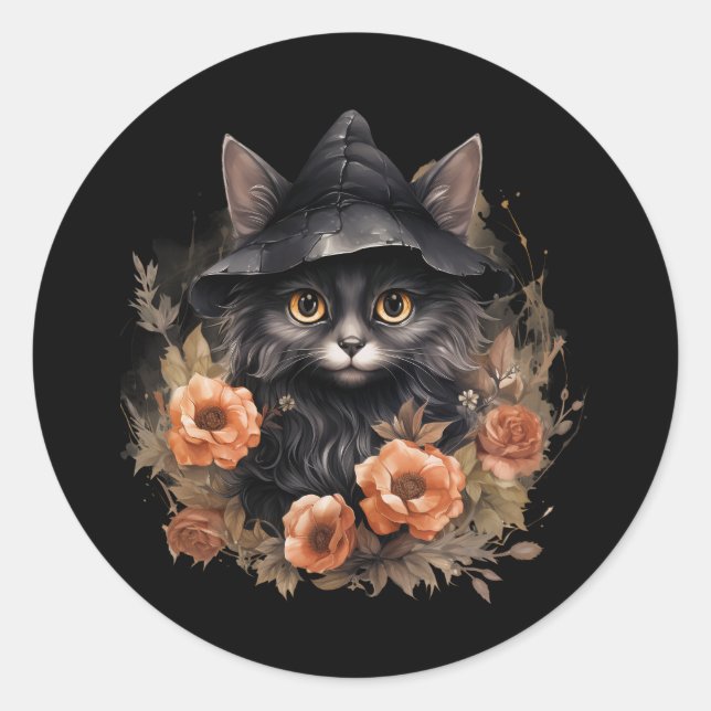 Cute Black Cat in a Witch's Hat Classic Round Sticker (Front)