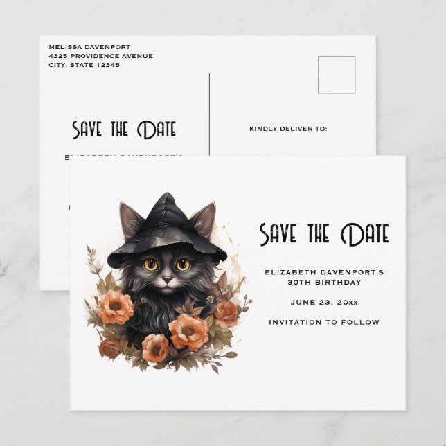 Cute Black Cat in a Witch's Hat Save the Date Invitation Postcard (Front/Back)