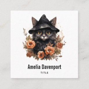 Cute Black Cat in a Witch's Hat Square Business Card