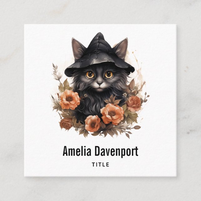 Cute Black Cat in a Witch's Hat Square Business Card (Front)