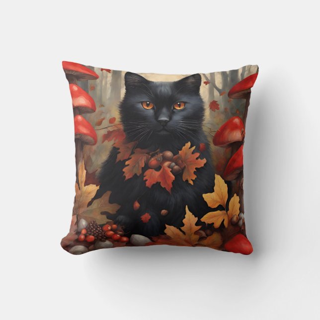 Cute Black Cat in Autumn Forest Throw Pillow (Front)