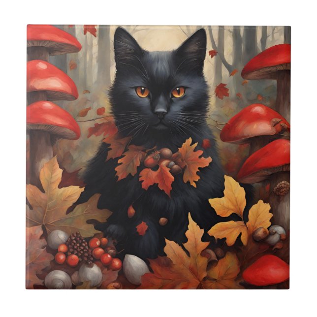 Cute Black Cat in Autumn Forest Tile (Front)