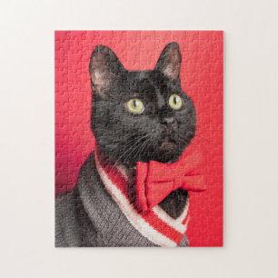 Cute Black Cat in Bow Tie on Red Jigsaw Puzzle