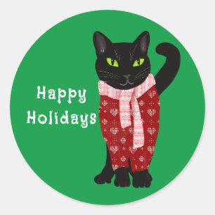 Cute Black Cat in Christmas Sweater Holiday Classic Round Sticker