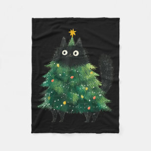 Cute Black Cat In Christmas Tree Cat Lover Holiday Fleece Blanket