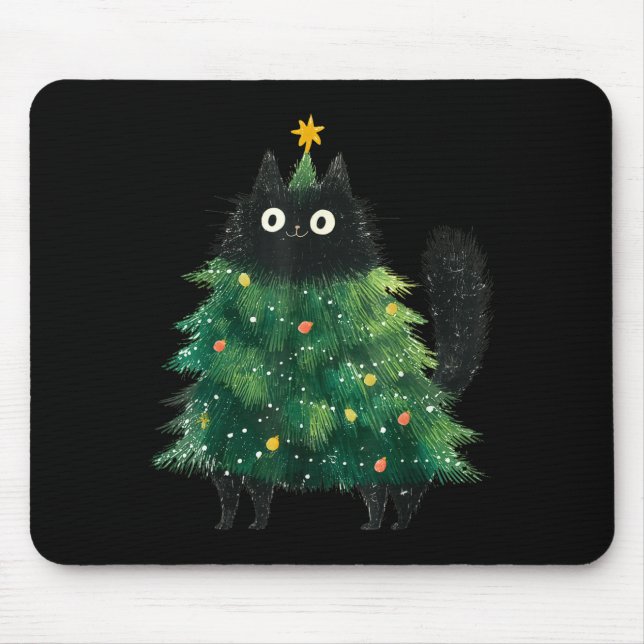 Cute Black Cat In Christmas Tree Cat Lover Holiday Mouse Pad (Front)
