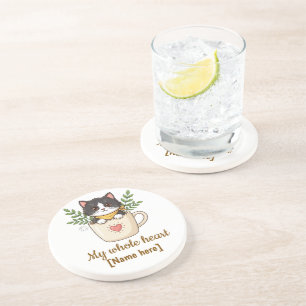 Cute Black Cat in Coffee Cup Personalized Mug Coaster