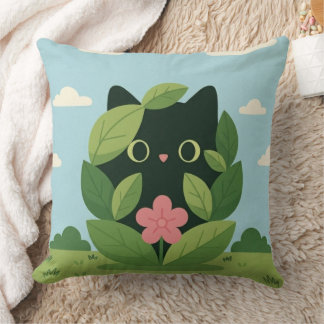 Cute Black Cat in Foliage Digital Art | Aesthetic Throw Pillow