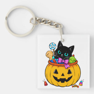 Cute Black Cat in Jack-O'-Lantern Pumpkin Hallowee Keychain