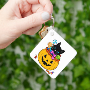 Cute Black Cat in Jack-O'-Lantern Pumpkin Hallowee Keychain